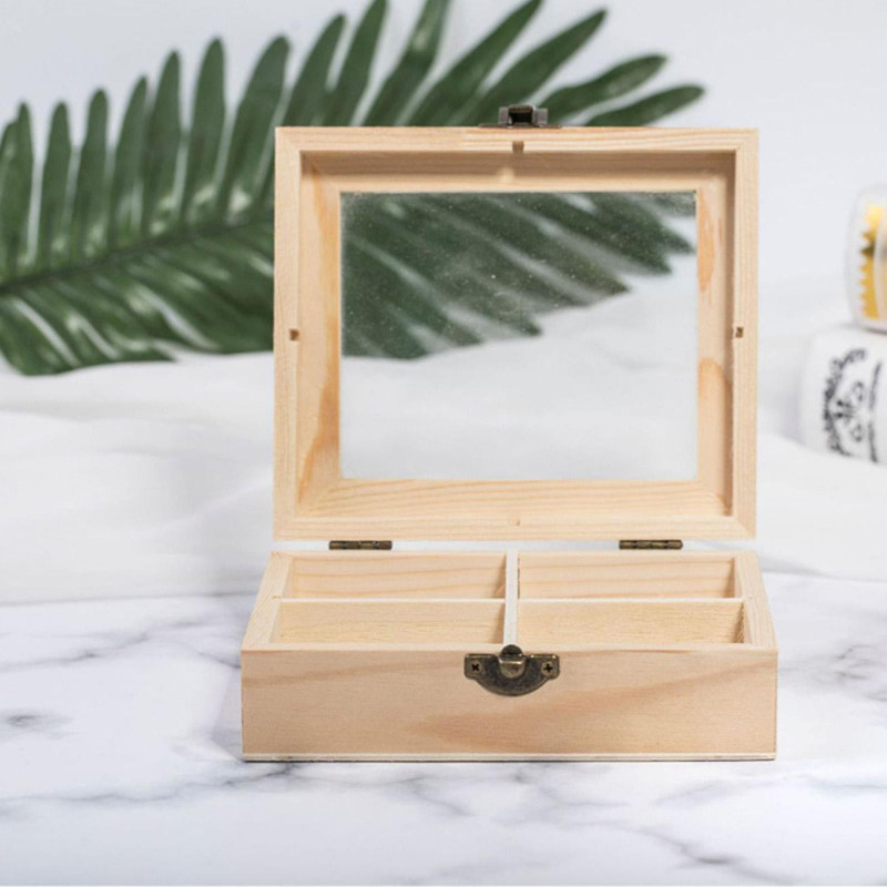 Wooden Tea Bags Storage Box Container With Glass Top 15x13x5cm 4 Sections