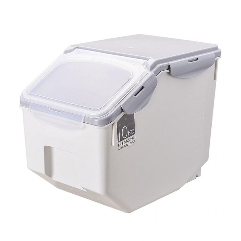 Plastic Rice Storage Bucket Food Grain Seal Locking Lid Organizer Utensils Gray 10kg