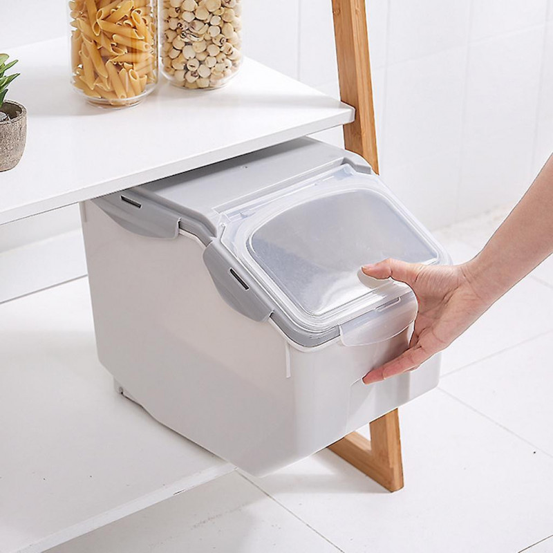 Plastic Rice Storage Bucket Food Grain Seal Locking Lid Organizer Utensils Gray 10kg