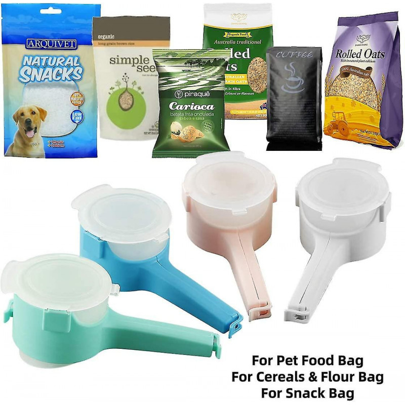 Bag Sealing Clips Food Storage Clamps With Plastic Pour Spout For Snack Cereal Pet Food 4 Pack (4, Multi-color)
