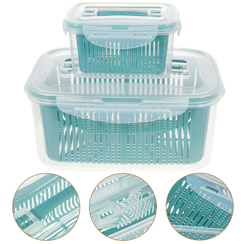 2Pcs Plastic Box Drain Preservation Box Kitchen Fridge Food Fresh Box Blue