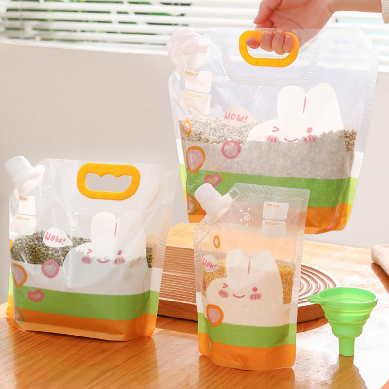 1 Set Food Storage Bag with Funnel Screw Lid Handle Food Grade Clear Large Capacity Leak Proof Reusable Moisture- [...]