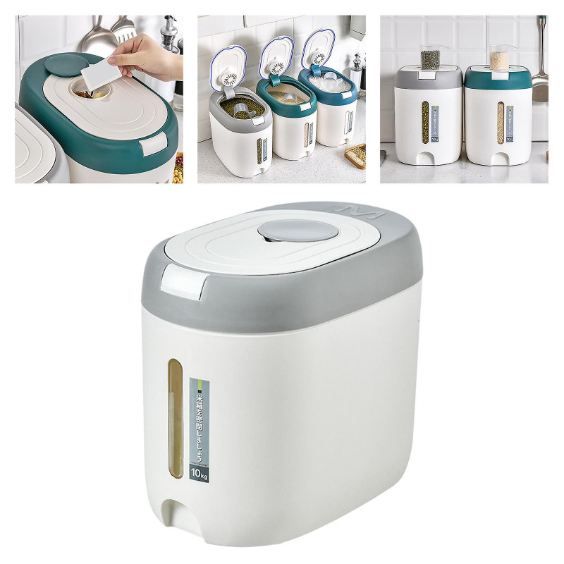 10kg Rice Storage Bucket Food Sealed Dispenser With Measuring Cup Household Light Grey