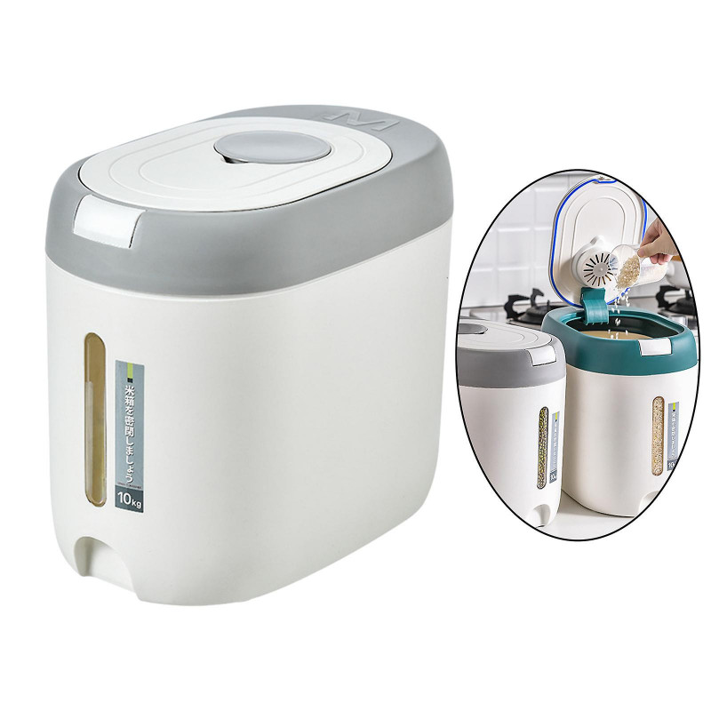 10kg Rice Storage Bucket Food Sealed Dispenser With Measuring Cup Household Light Grey