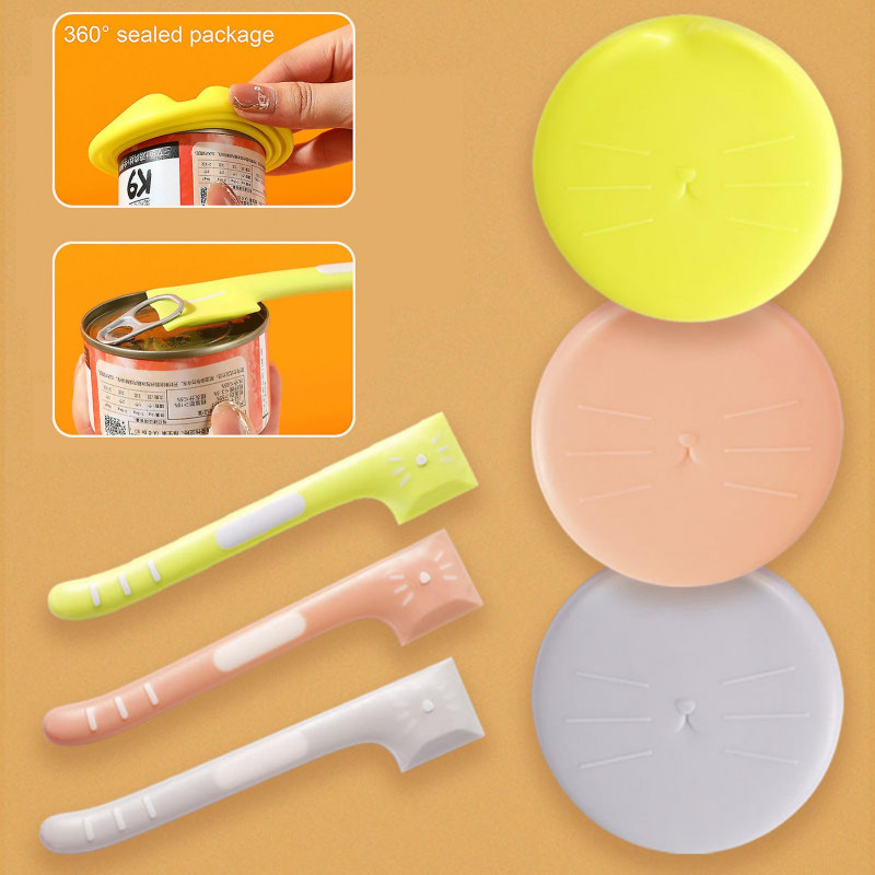 2Pcs Cat Dog Food Can Lid with Spoon Universal BPA Free Food Grade Sealed Pet Food Can Cover Spoon