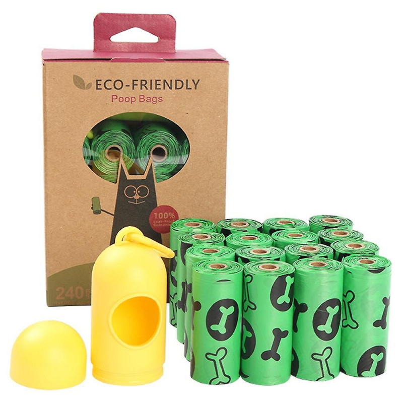 16 Rolls Bones Pattern Biodegradable HDPE+EPI / D2W Pet Dog Poop Waste Bags with Dispenser - Green