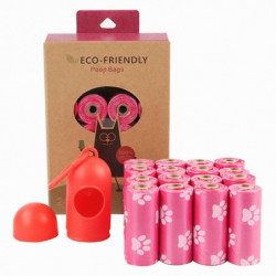 16 Rolls Dog Paw Pattern HDPE+EPI / D2W Biodegradable Pet Dog Poop Waste Bags with Dispenser - Pink