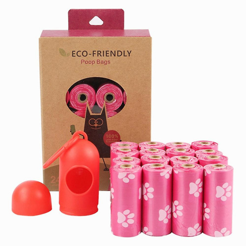 16 Rolls Dog Paw Pattern HDPE+EPI / D2W Biodegradable Pet Dog Poop Waste Bags with Dispenser - Pink