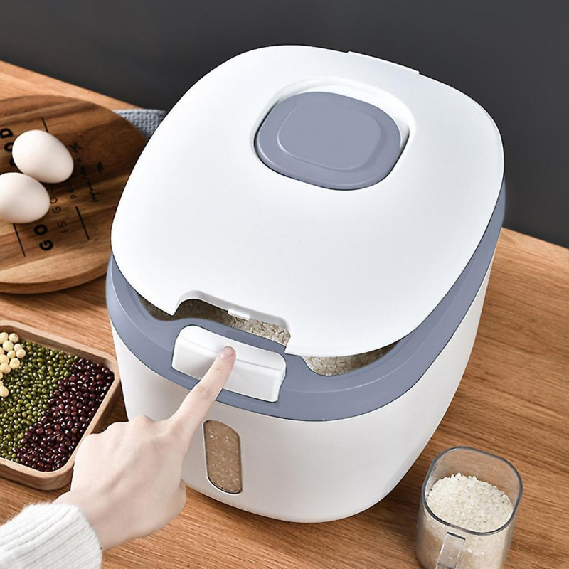 Rice Storage Bucket Food Sealed Dispenser With Measuring Cup Household Grey