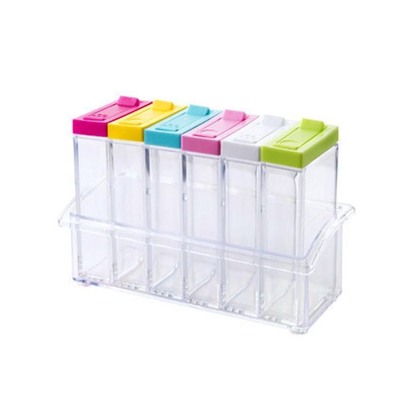6pcs/set Seasoning Box With Tray Condiment Storage Plastic Moisture-proof Salt Jar For Kitchen