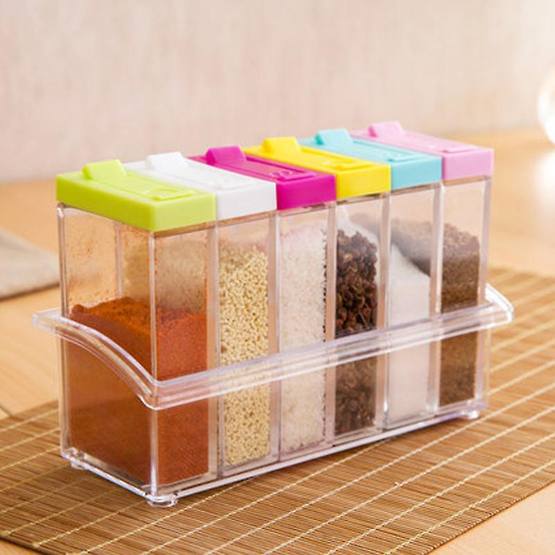 6pcs/set Seasoning Box With Tray Condiment Storage Plastic Moisture-proof Salt Jar For Kitchen