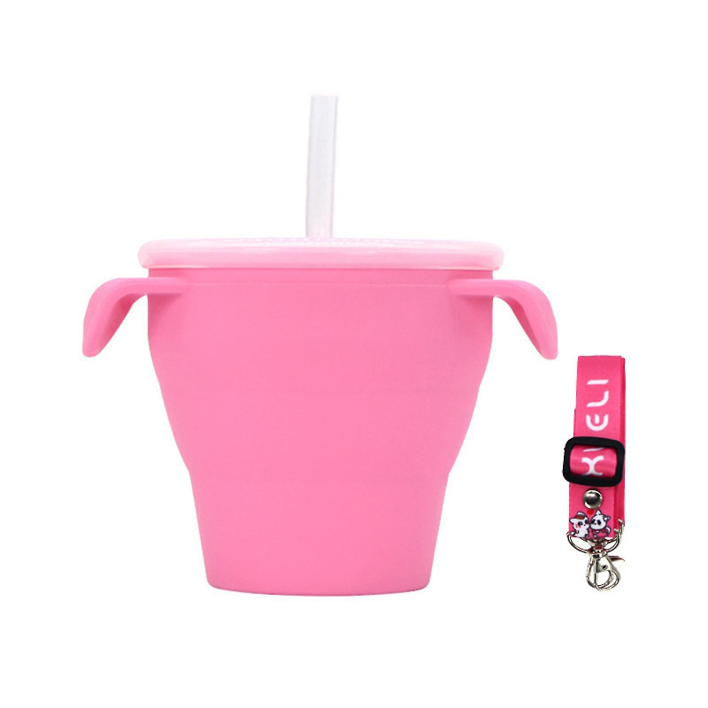 Snack Cup Convenient Shoulder Tote Complementary Food Bowl Kids Folding Silicone Snack Dust Proof With Handle Straw Rope