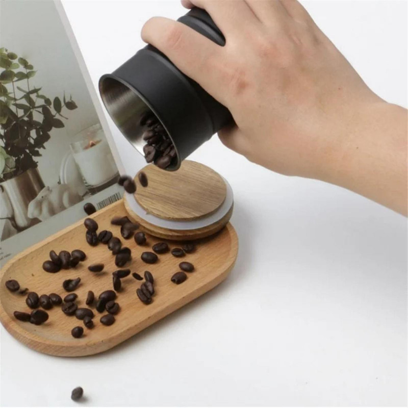 Black 304 Stainless Steel Coffee Can with Wooden Lid Sealed Food Storage Tank