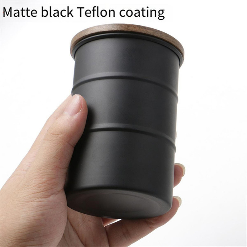 Black 304 Stainless Steel Coffee Can with Wooden Lid Sealed Food Storage Tank