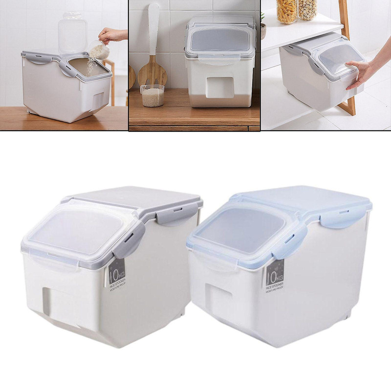 2pcs Riz Seau de stockage Nourriture Grain Seal Verrouillage Couvercle Organisateur Ustensiles 10kg
