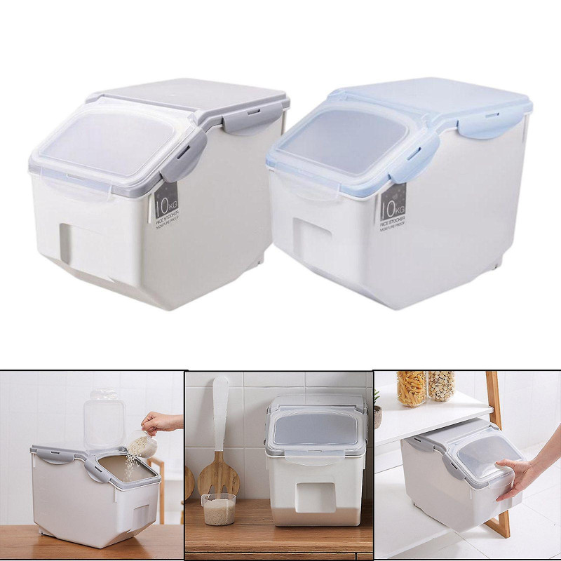 2pcs Riz Seau de stockage Nourriture Grain Seal Verrouillage Couvercle Organisateur Ustensiles 10kg