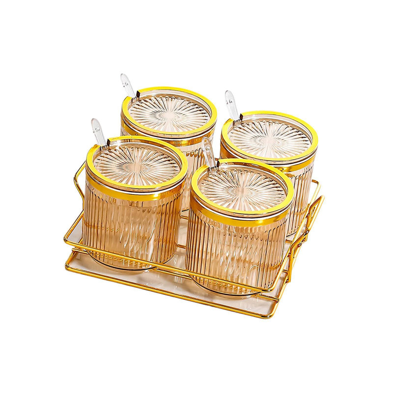 Condiment Pots Tank Food Container With Lids And Spoons 4 Grids