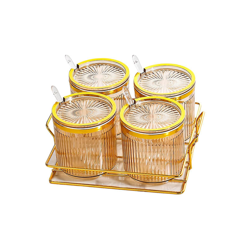 Condiment Pots Tank Food Container With Lids And Spoons 4 Grids