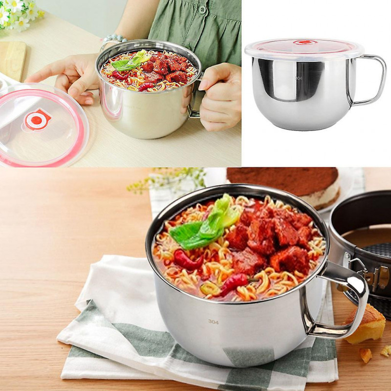 Stainless Steel Noodle Bowl With Lid Handle Leak-proof Food Container Rice Soup Bowls Durable For Office Home