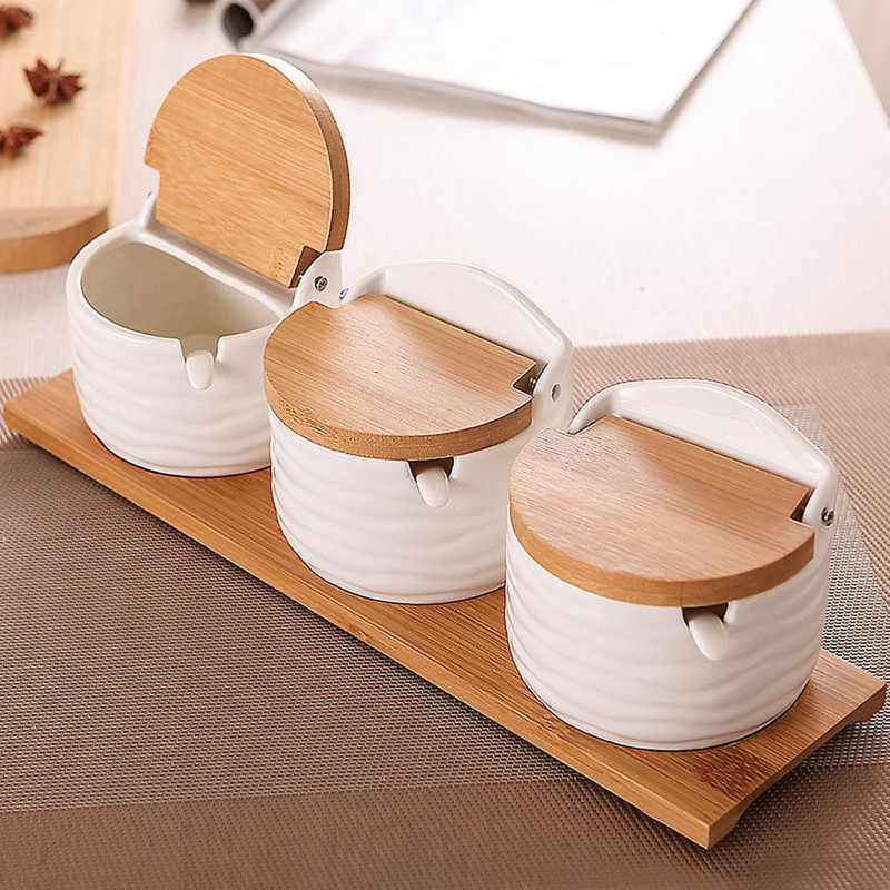 Ceramic Food Storage Jar With Bamboo Lid And Spoon For Serving Ground Coffee