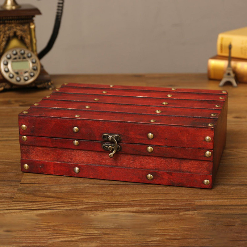 Storage Box Lock Clasp Dust-Proof Wooden Stuff Documents Container Home Decor