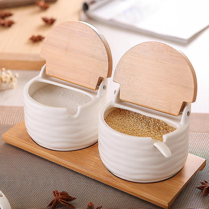 Ceramic Food Storage Jar with Bamboo Lid and Spoon for Serving Ground Coffee