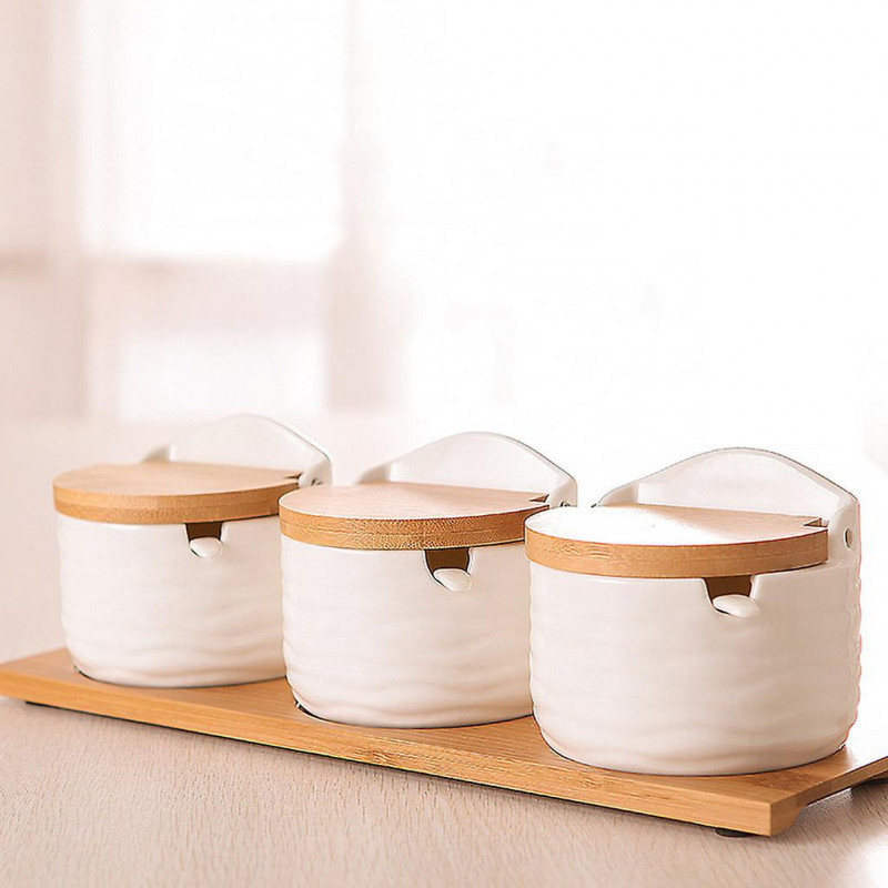 Ceramic Food Storage Jar with Bamboo Lid and Spoon for Serving Ground Coffee