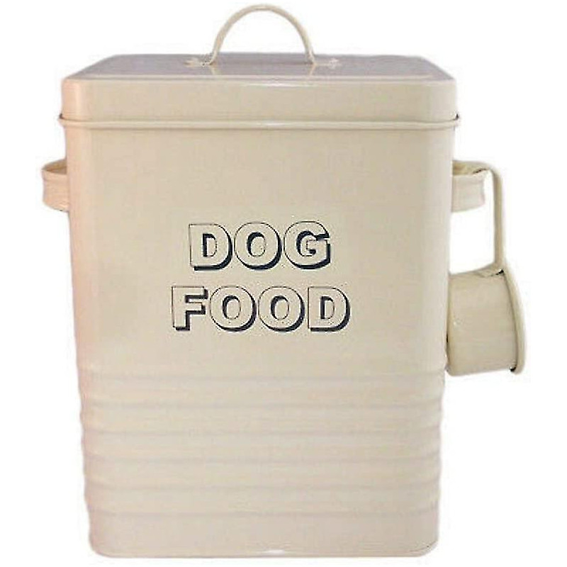 Cream Dog Food Storage Tin With Scoop, Steel(1pc-cream Colour)
