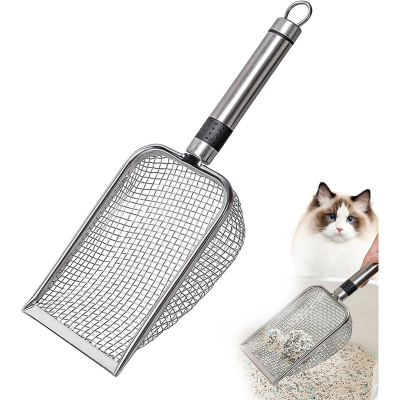 Pelle à litière | Tamis à pelle profonde en acier inoxydable - Tamis durable antiadhésif avec long manche, grande [...]