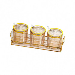 Condiment Pots Tank Food Container With Lids And Spoons 3 Grids