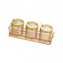 Condiment Pots Tank Food Container With Lids And Spoons 3 Grids