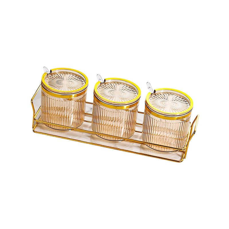 Condiment Pots Tank Food Container With Lids And Spoons 3 Grids