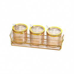 Condiment Pots Tank Food Container With Lids And Spoons 3 Grids