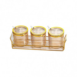 Condiment Pots Tank Food Container With Lids And Spoons 3 Grids