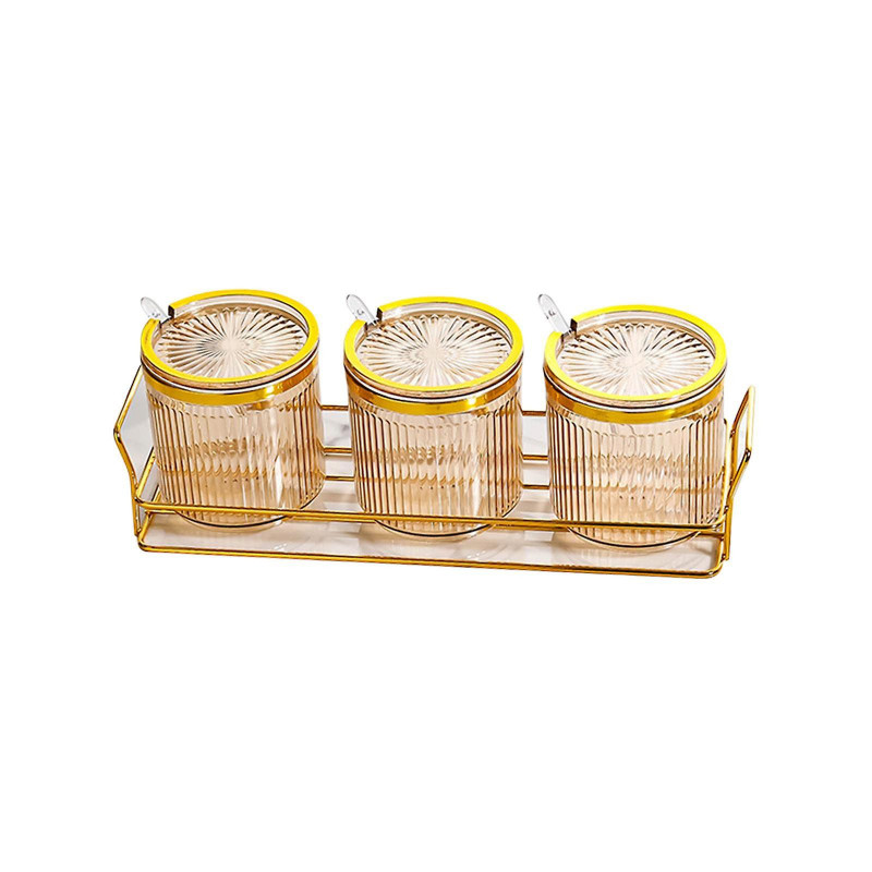 Condiment Pots Tank Food Container With Lids And Spoons 3 Grids