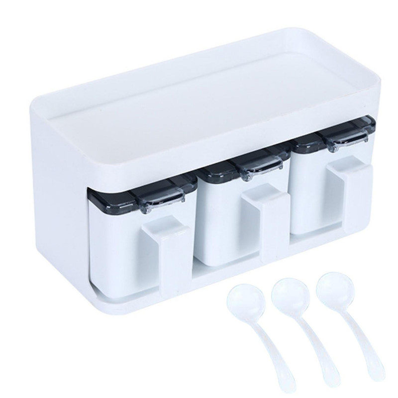 Seasoning Box with Spoon Ergonomic Handle Dust-proof Waterproof Moisture-proof 3/4 Grids Condiment