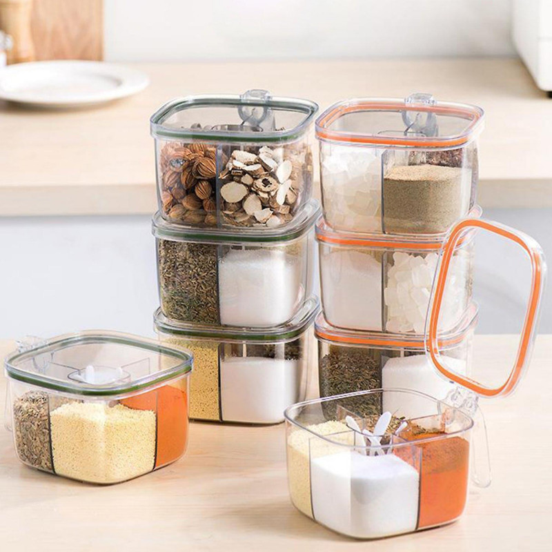 Spice Jar Transparent 4 Compartment Food Grade Large Capacity Good Sealing Moisture-proof with Lid