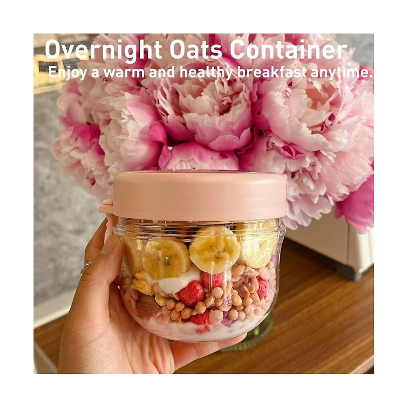 2PCS 20Oz Overnight Oats Container with Lid and Spoon - Portable Oatmeal Breakfast Cup for On-The-Go Pink