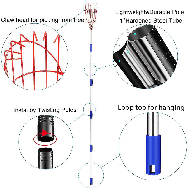 Outil de poteau de cueilleur de fruits avec manche long télescopique, outil de poteau de cueillette de pomme [...]
