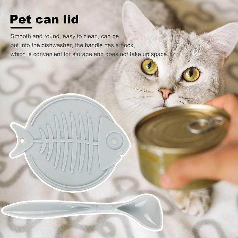 Pet Food Can Lid with Spoon Fish-bone Shaped Cat Can Cover Fresh-keeping Silicone Cover for Dog Wet