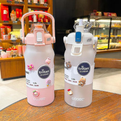 Large Capacity Portable Plastic Gradient Straw Cup Green + Random Stickers + Random Stereo Stickers 1500ml