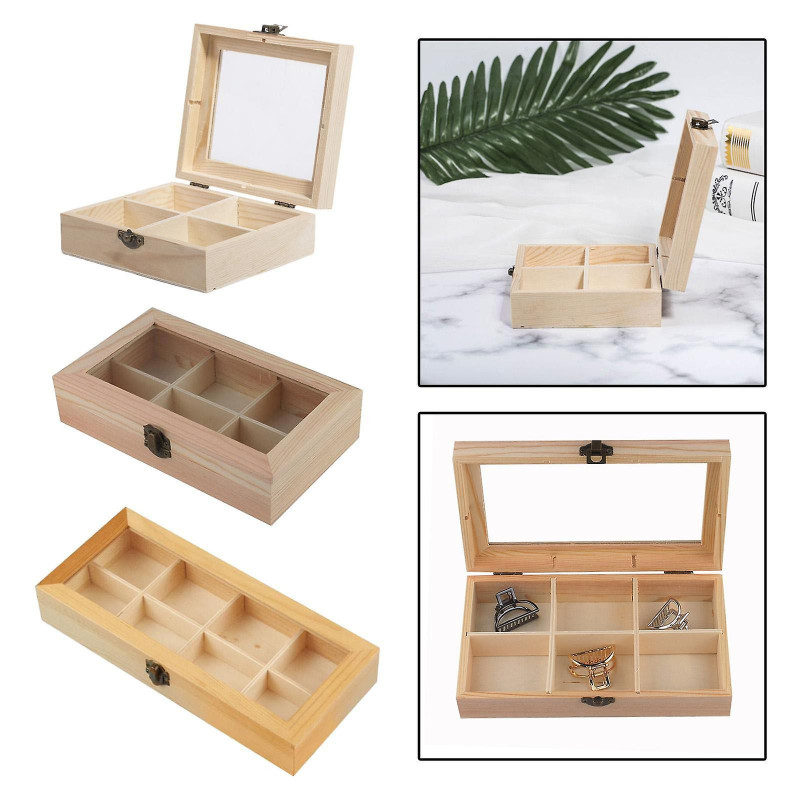 Wooden Tea Bags Storage Box Container With Glass Top 15x13x5cm 4 Sections
