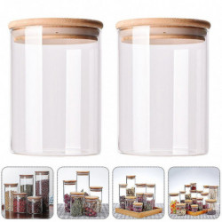2pcs Bocaux de stockage en verre Récipients scellés de cuisine avec couvercle en bambou (300ml)