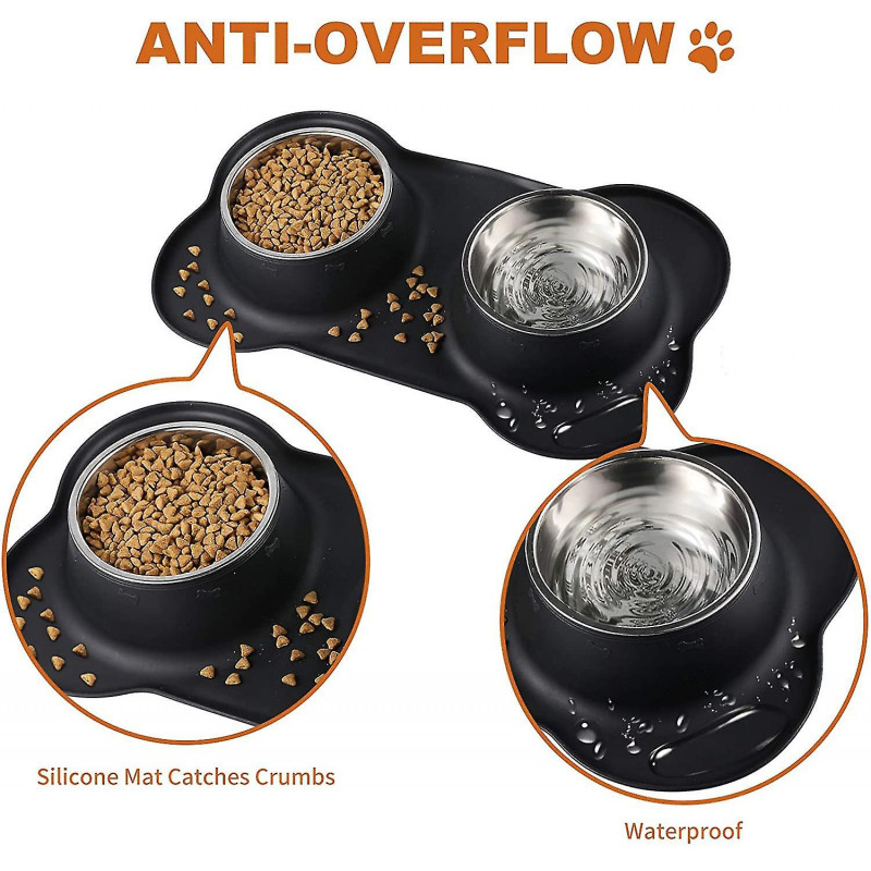 Double Stainless Cat And Dog Bowl Stainless Steel Bowl Non-slip Base Anti-overflow Anti-spill Silicone Mat