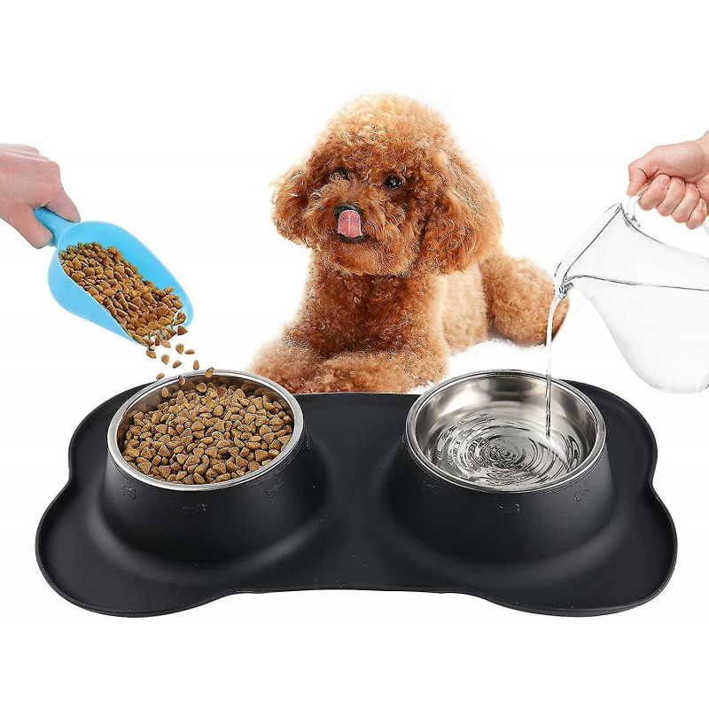 Double Stainless Cat And Dog Bowl Stainless Steel Bowl Non-slip Base Anti-overflow Anti-spill Silicone Mat