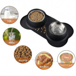 Double Stainless Cat And Dog Bowl Stainless Steel Bowl Non-slip Base Anti-overflow Anti-spill Silicone Mat