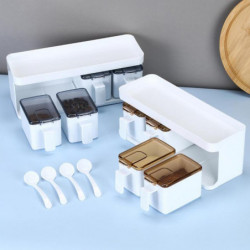Seasoning Box with Spoon Ergonomic Handle Waterproof 3/4 Grids Condiment Container Countertop Organi