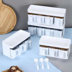 Seasoning Box with Spoon Ergonomic Handle Waterproof 3/4 Grids Condiment Container Countertop Organi