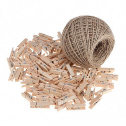 100pcs Mini Wooden Pegs Photo Clips Note Memo Message Postcard Holder with A Roll of 100M Hemp Rope