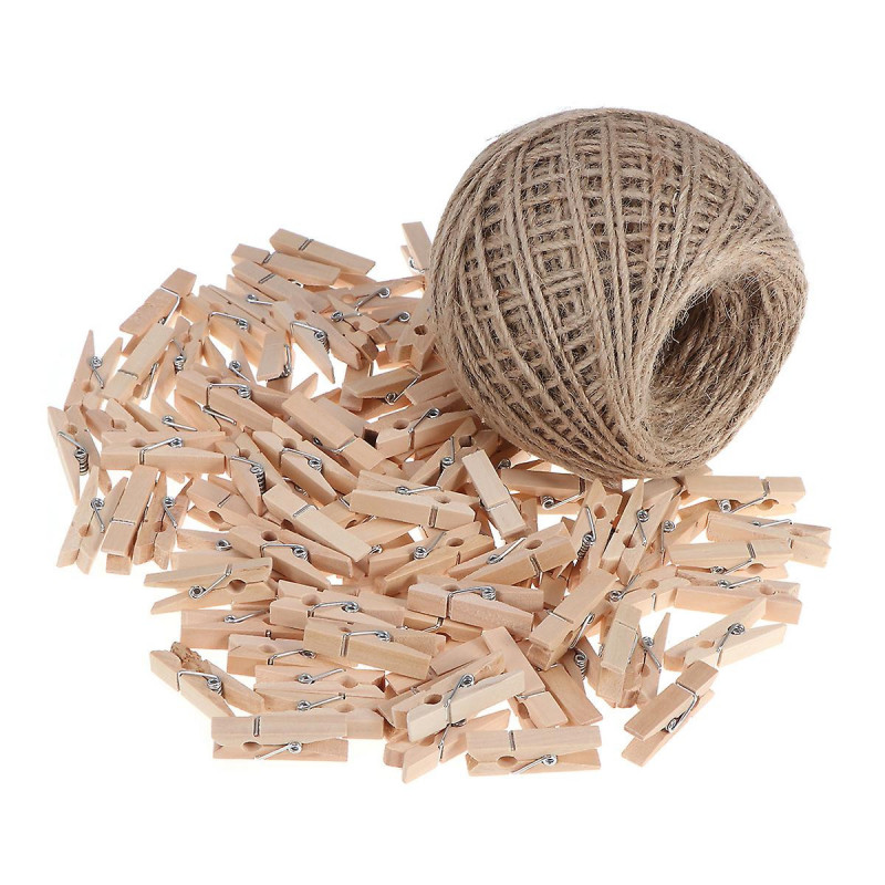 100pcs Mini Wooden Pegs Photo Clips Note Memo Message Postcard Holder with A Roll of 100M Hemp Rope